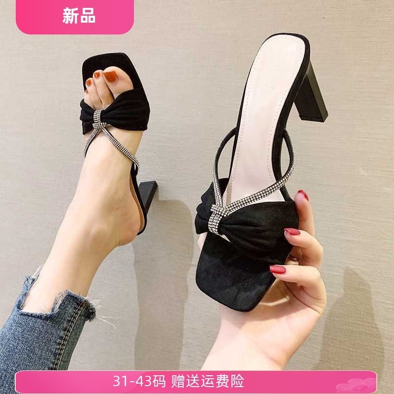 313233小码拖鞋女外穿百搭夏季网红凉拖水钻一字拖高跟鞋大码4142