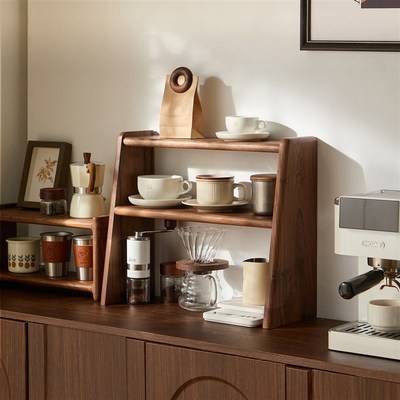 黑胡桃木桌面置物架茶具咖啡杯子实木收纳层架小型藤编博古架木质