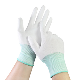 1200双白色尼龙PU涂指涂掌手套劳保耐磨工作防滑胶皮防静电手套