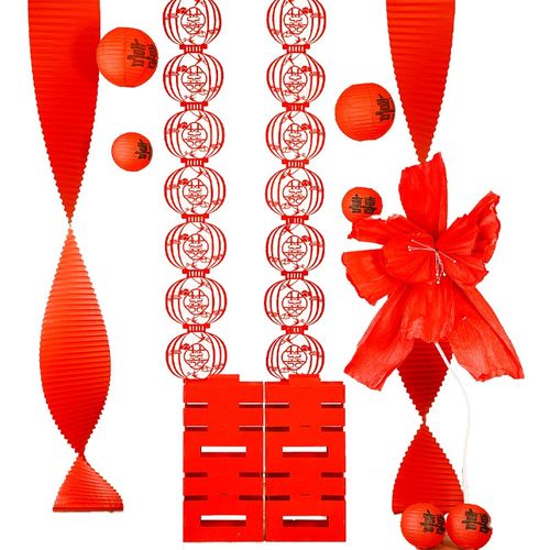 结婚婚房喜庆红灯笼装饰瓦楞纸新房卧室客厅背景喜字拉花装饰用品