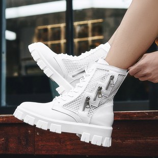 男靴子 男10cm马丁靴男高帮走秀透气网面镂空厚底工装 夏季 内增高鞋