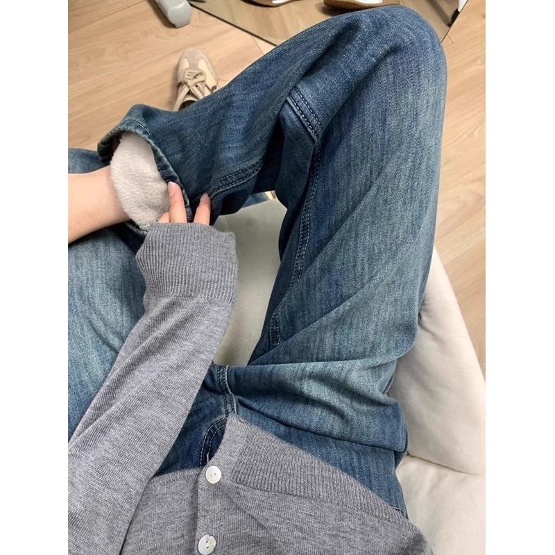加绒复古蓝直筒牛仔裤女秋冬大码胖妹妹mm梨形身材显瘦遮胯阔腿裤