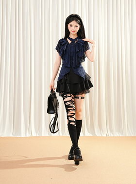 初代魔女 夏季哥特暗黑Lolita复古蓝血荷叶边收腰衬衫短裙两件套