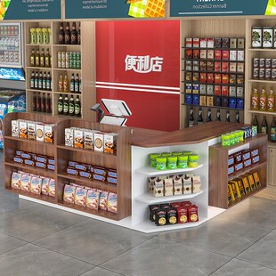 超市收银台拐角吧台桌店铺摆货大型柜台便利店商店小卖铺转角前台