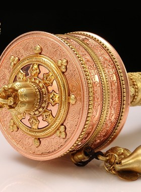 亚青铜制精工平底手摇转筒双轴承静音转动家用藏族手持转转轮摆件