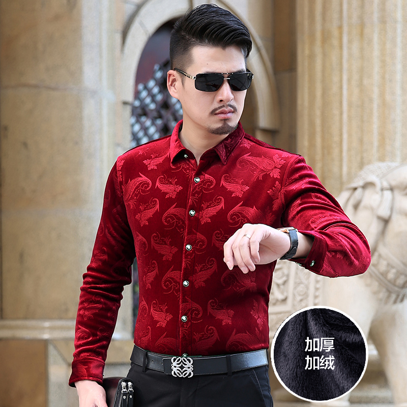 秋冬新品长袖男士加绒加厚金丝绒休闲衬衫中年免熨烫男式时尚衬衫