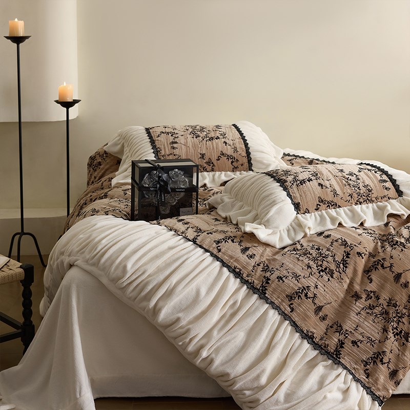 法式复古金丝绒加厚n四件套重工蕾丝褶皱边牛奶绒被套冬季床上用