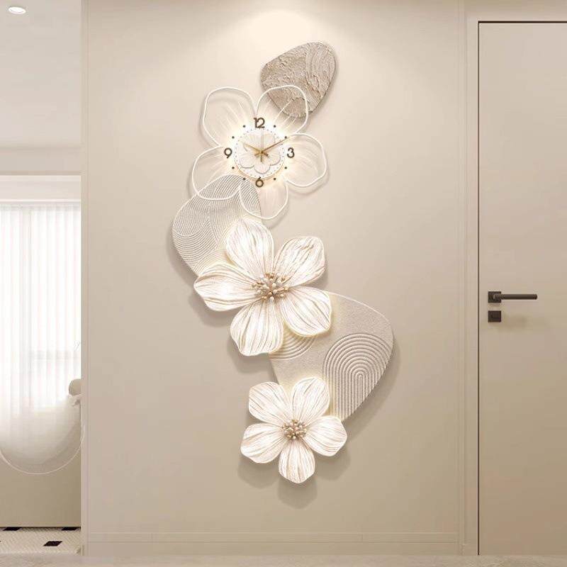 奶油风玄关装饰画入户门创意花卉钟表壁画高级感发光走廊过道挂画