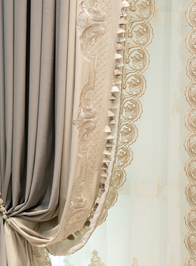 轻奢法式窗帘灰色客厅书房绒布加厚绣花遮光卧室高档落地窗别墅