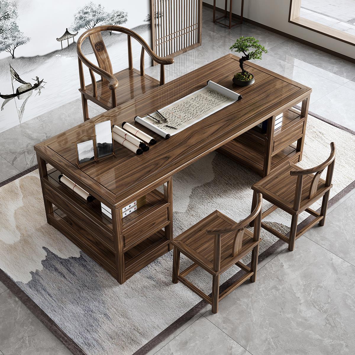 新中式书法桌家用组合桌榆木实木书画书桌办公桌椅书画桌案工作桌