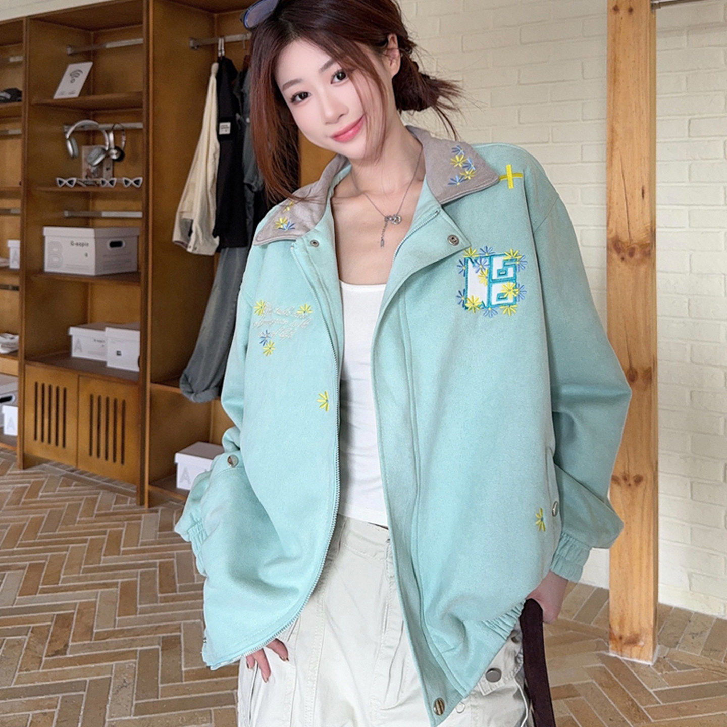 美式复古刺绣雏菊翻领开衫外套女春季2025年新款高街国潮牌棒球服