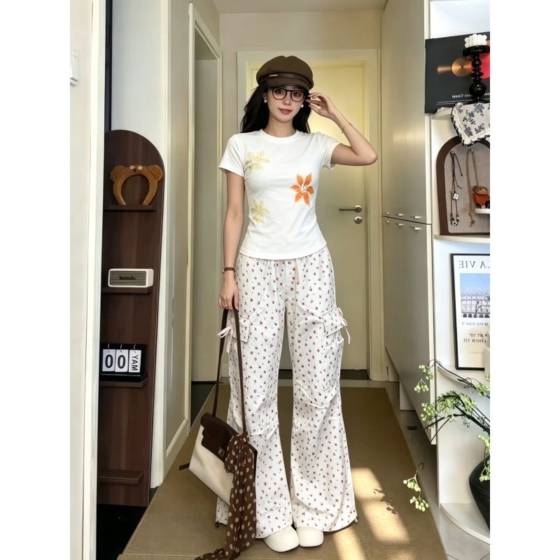 夏季甜美减龄正肩休闲运动套装女短袖上衣碎花阔腿长裤韩系两件套