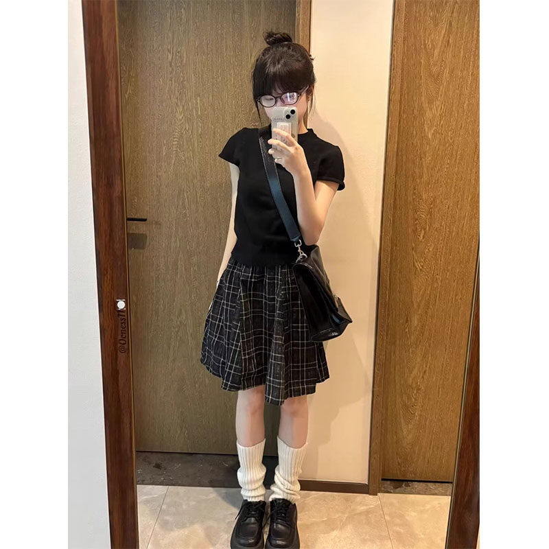 韩系学院风格纹两件套女夏季修身短袖正肩百褶半身裙元气少女套装