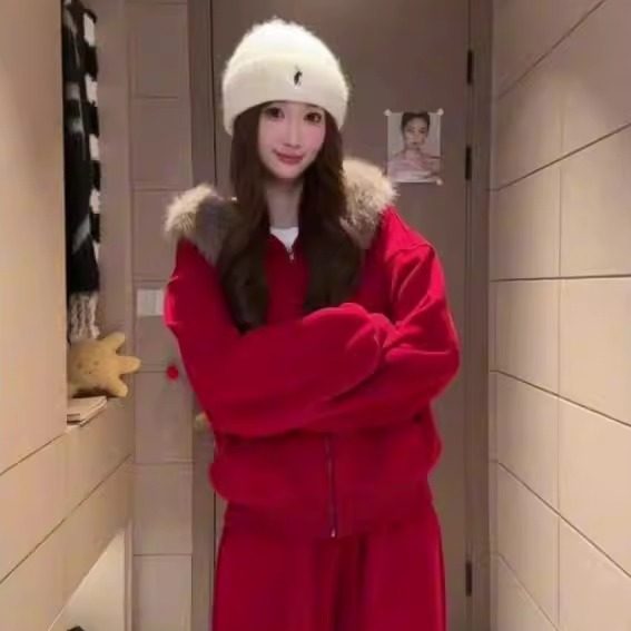 巨好看的冬装一整套美式休闲运动服套装女加绒加厚连帽卫衣两件套