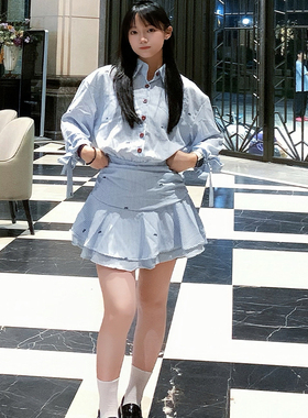 2025新款学院风miu系蓝色衬衫连衣裙子女春夏季气质收腰百褶短裙
