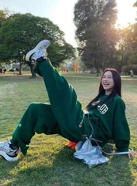 绿色休闲运动套装女秋冬季2025新款时尚宽松显瘦卫衣束脚裤两件套