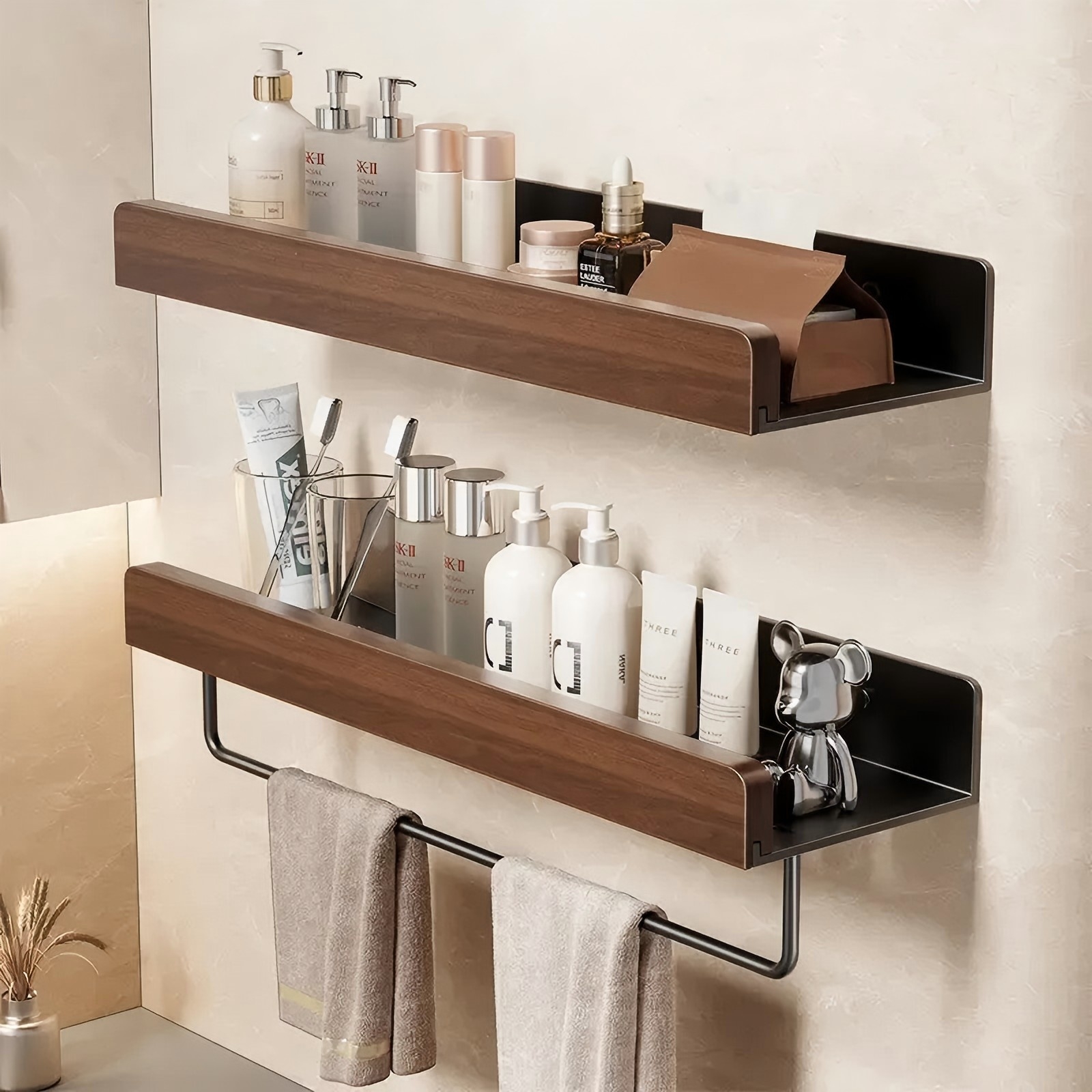 华美朗胡桃木浴室置物架卫生间免打孔厕所洗手间洗漱台墙上壁挂
