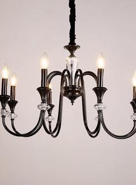 全铜法式复古蜡烛水晶吊灯黑色美式轻奢中古南洋风客厅餐厅灯具
