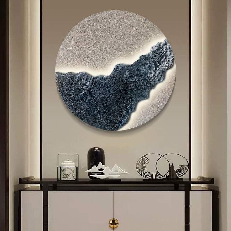 新中式玄关立体浮雕装饰画砂岩肌理大气挂画客厅卧室床头圆形壁画图片