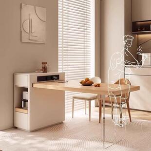 聪瑞尚原木岩板伸缩岛台餐桌简约奶油风实木家用小户型高端中岛吧