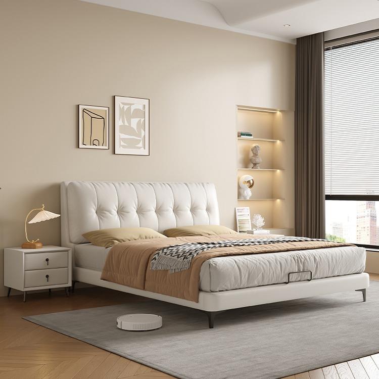 奶油风真皮床1.8米现代简约轻奢主卧双人床小户型软包储物床实木