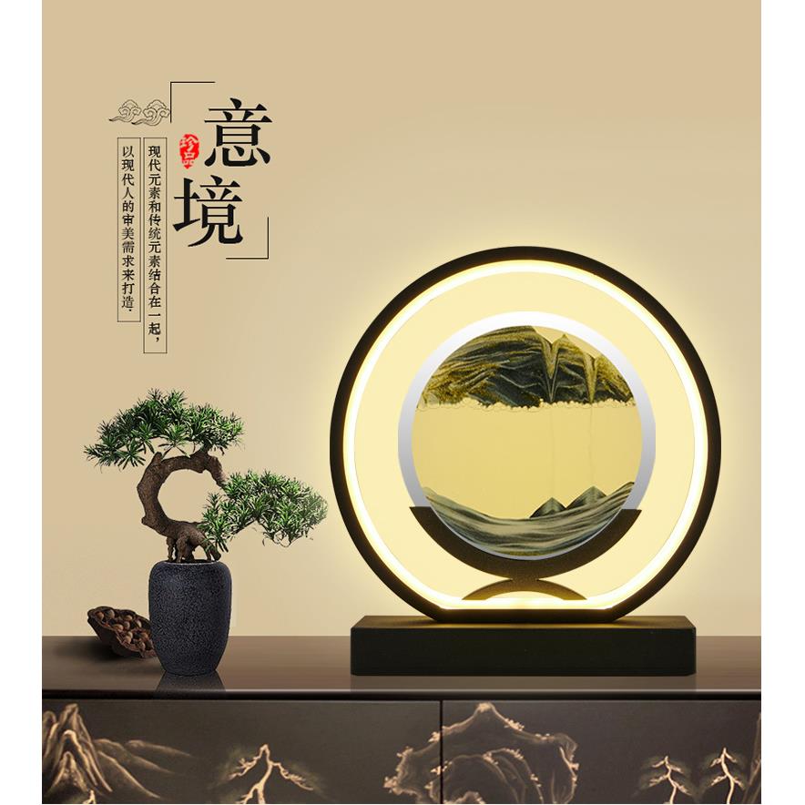 创意3D山水流沙灯客厅摆件国风流沙画台灯新中式床头沙漏装饰台灯图片