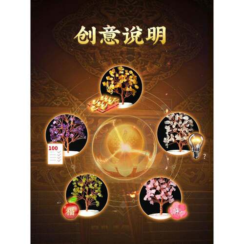 71TX黄水晶树摆件五蕴吉祥物办公室桌面摇钱树店铺开业送礼