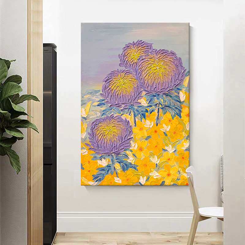 纯手绘油画紫色花卉肌理画客厅含苞待放花朵装饰画玄关挂画高级感