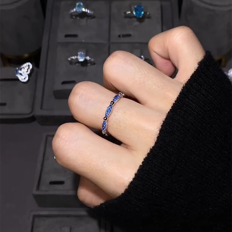 爆款极简风深邃蓝小排钻细款戒指精致高级感食指戒指环戒指/指环