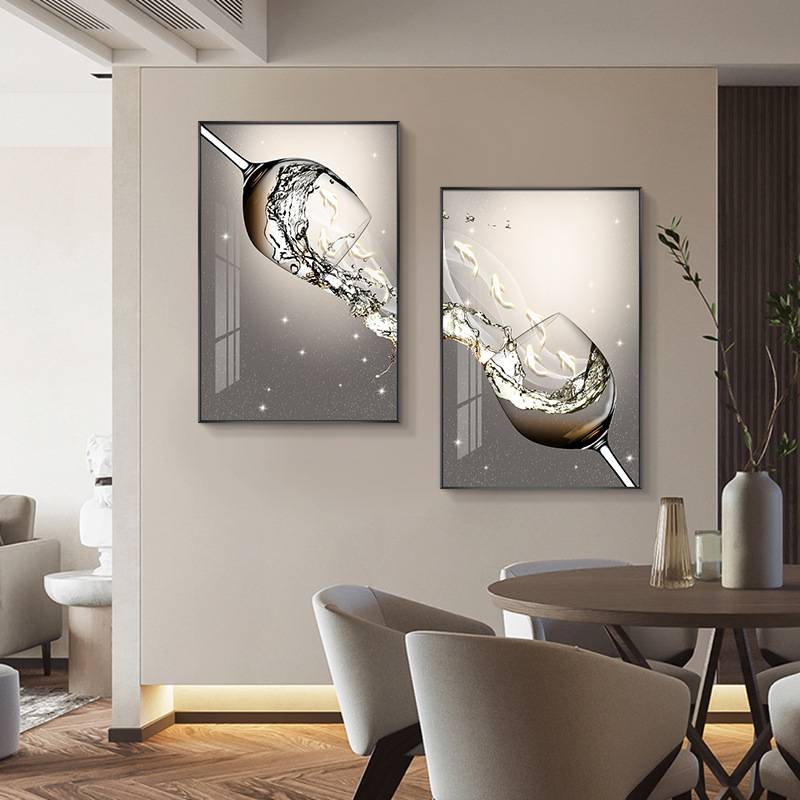 九鱼图双联餐厅装饰画创意酒杯挂画现代简约饭厅背景墙好寓意壁画图片