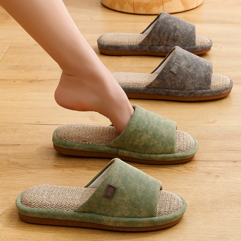 日式木地板静音亚麻凉拖鞋女夏季吸汗防臭情侣家居室内男厚底防滑