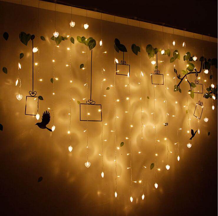 窗帘灯彩灯闪灯串灯圣红布置浪漫瀑布心形灯诞节房间装饰灯卧K室