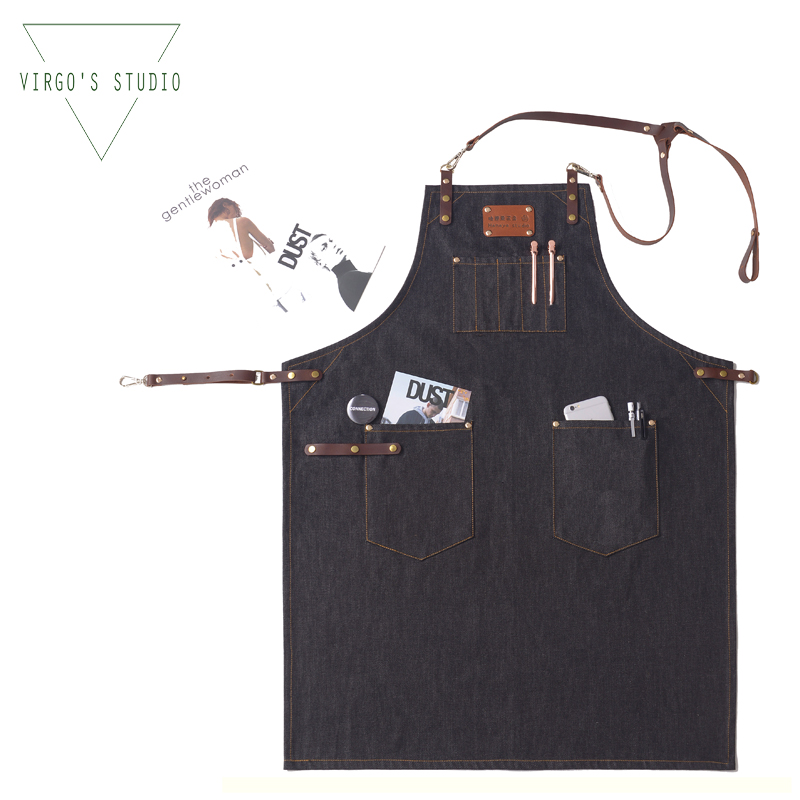 简约咖啡师花艺餐厅美发师双肩款牛仔围裙工作服定制logo