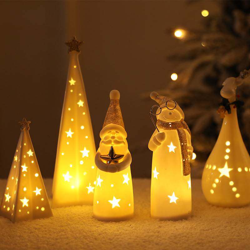 耶诞节装饰家用桌面摆件 迷你陶瓷耶诞雪人老人麋鹿发光灯装饰品
