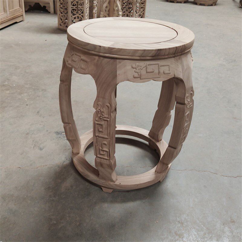 全实木鼓凳白茬榆木鼓墩圆凳子白胚雕花中式原木仿古换鞋凳古筝凳