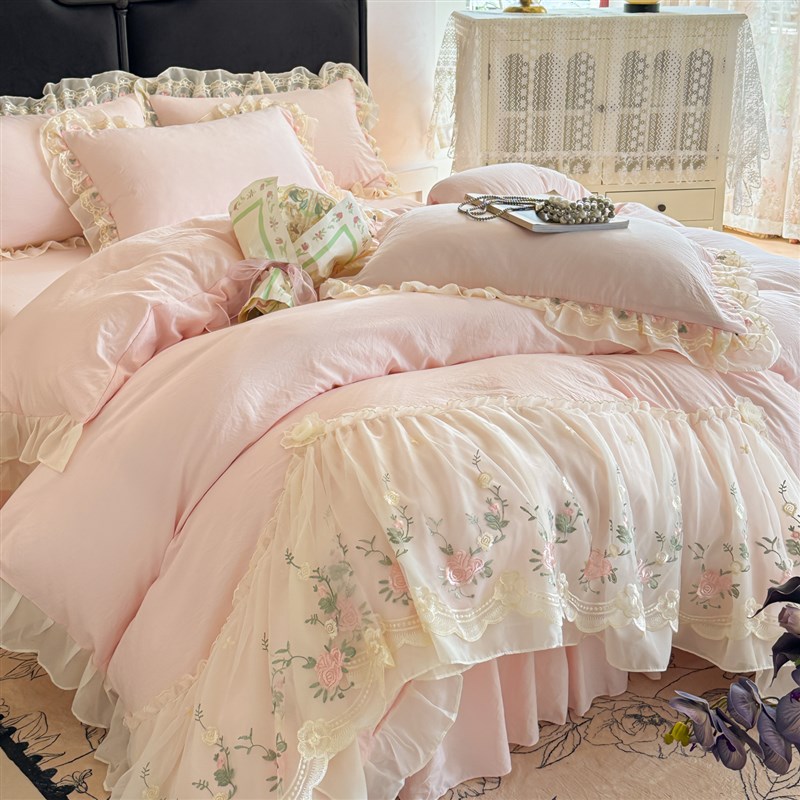 新款云朵棉雪纺蕾丝刺绣床裙四件套公主风韩版花边被套三件套软糯