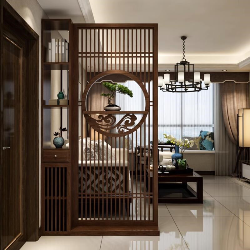 新中式屏风隔断客厅遮挡入户玄关柜子置物架约实木镂空栅栏