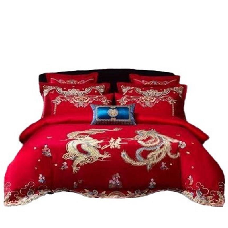 上用品结婚床上四件套床单被套全棉婚庆喜庆大红中式传统刺绣