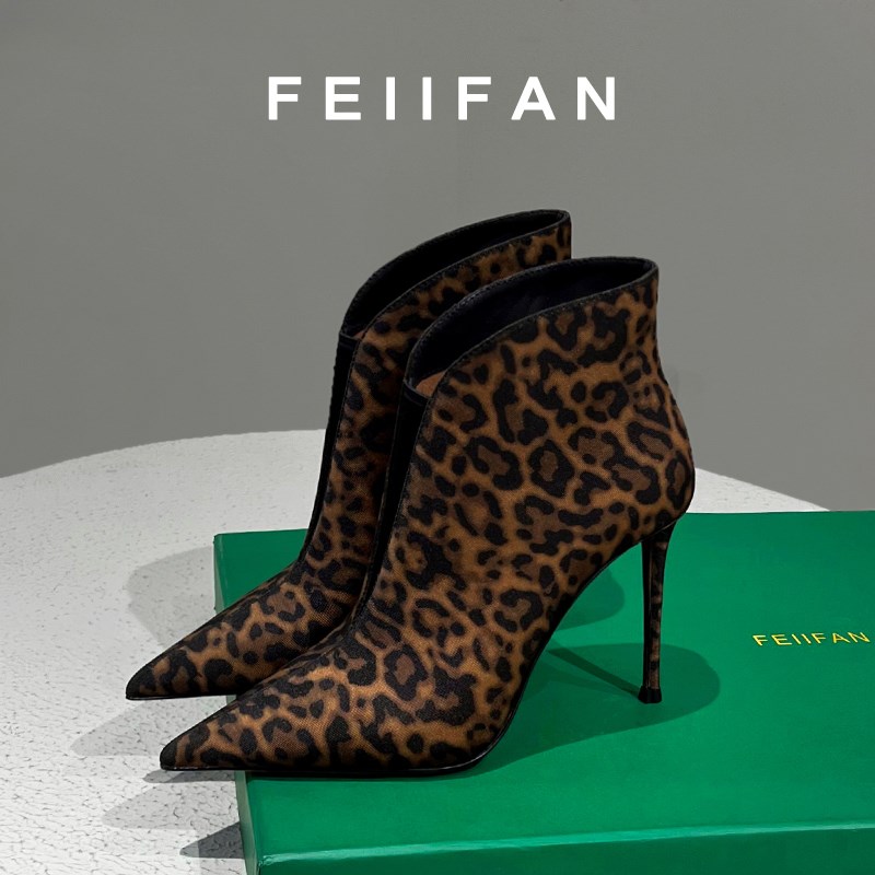 短靴女2024新款秋冬小个子豹纹高跟鞋细跟高级感法式尖头靴子加绒