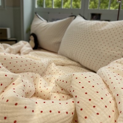 A类母婴级超柔软少女心红波点皱皱双层纱夏凉被四件套空调被薄被