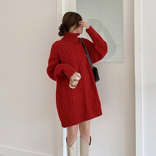 中长款本命年圣诞节红色高领毛衣裙女2024秋冬宽松慵懒风加厚外穿
