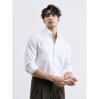 秋季气质型男 半开领高级感咖啡色衬衫男商务免熨烫绿色衬衫一片