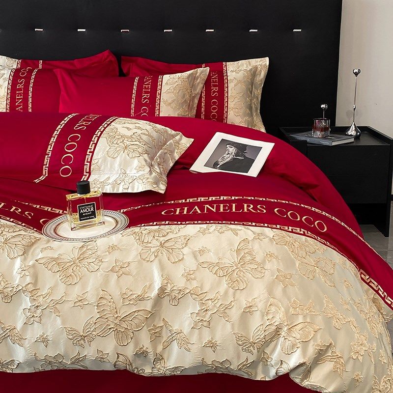 高档奢华结婚四件套全棉婚庆大红色金丝浮雕被套纯棉婚房床上用品