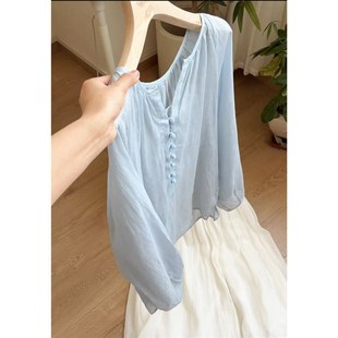 衬衫 森系文艺风清楚系压褶拼接包扣排扣纯苎麻长袖 W1411 小文姐