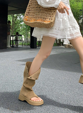 不二橘靴子女夏美拉德长靴厚底夹趾凉靴人字拖裤管西部牛仔堆堆靴