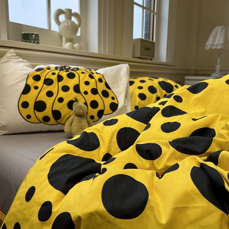 ins少女心黄色黑波点床上四件套全棉纯棉1.5m1.8学生宿舍被套床单