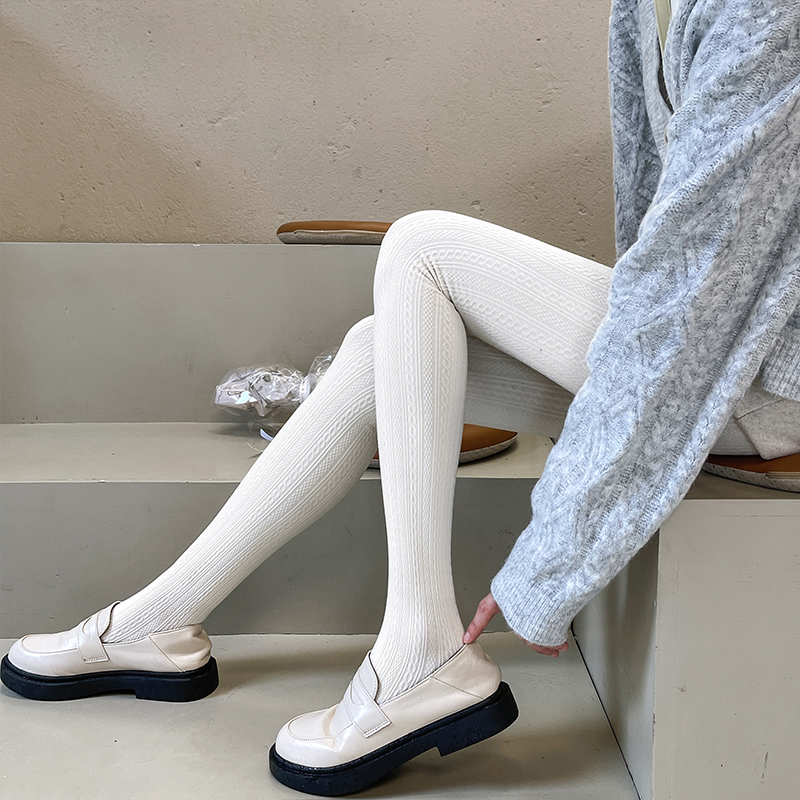 日系jk奶白色连裤袜秋冬加厚燕麦白色打底裤女保暖加绒麻花打底袜