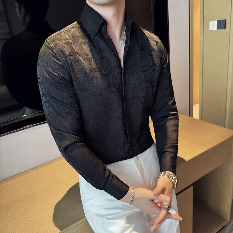 夏季薄款小众花衬衫男长袖2024新款高级感V领时尚提花设计感衬衣