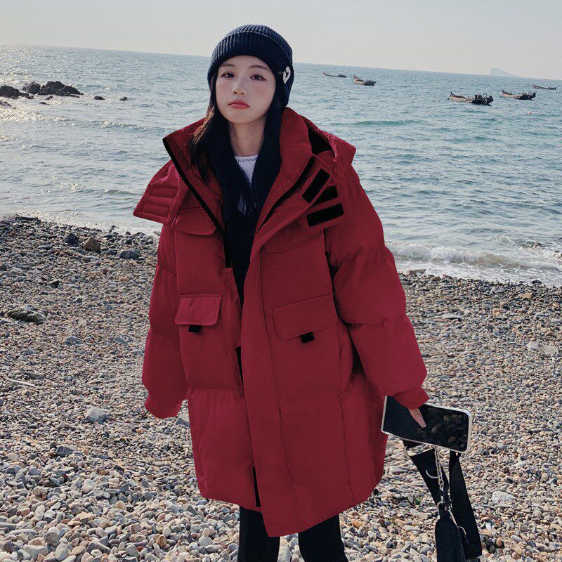 爆款连帽酒红色羽绒n棉服女款2024年冬季新款加厚面包服棉袄中长