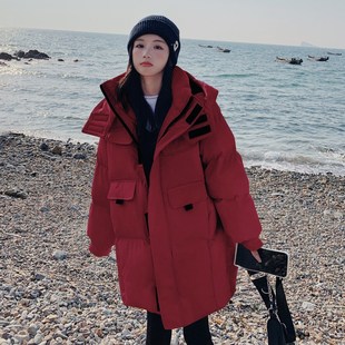 爆款连帽酒红色羽绒棉服女款2024年冬季新款加厚面包服棉袄中长款